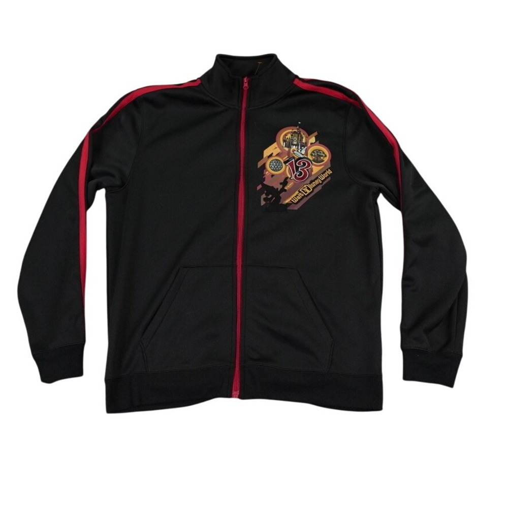 Disney World Track Jacket Men Medium Black Red 2013 Graphic‎ Zip Up